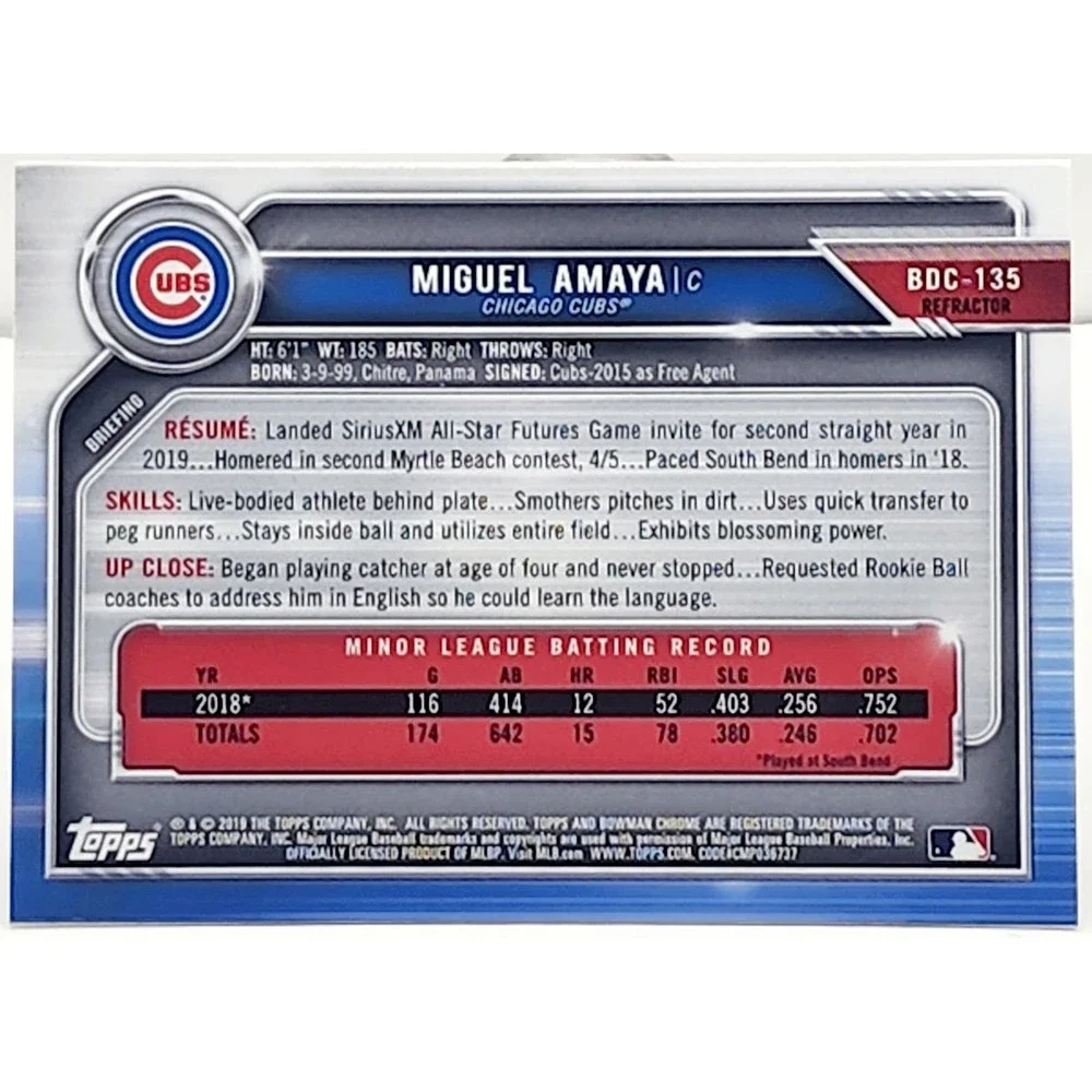 2019 Bowman Draft Chrome Miguel Amaya #BDC-135 Chicago Cubs